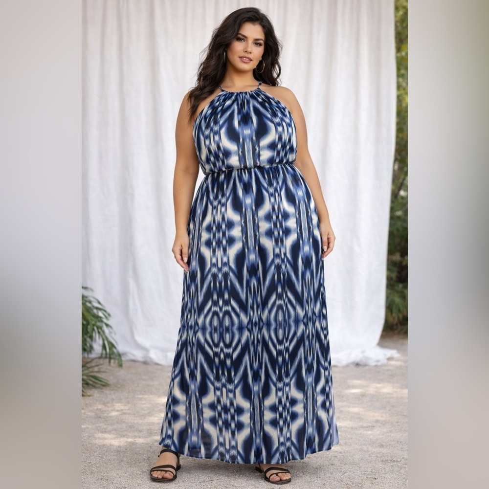 Soprano Blue & Ivory Abstract Halter Maxi Dress (1153-2XL-2)